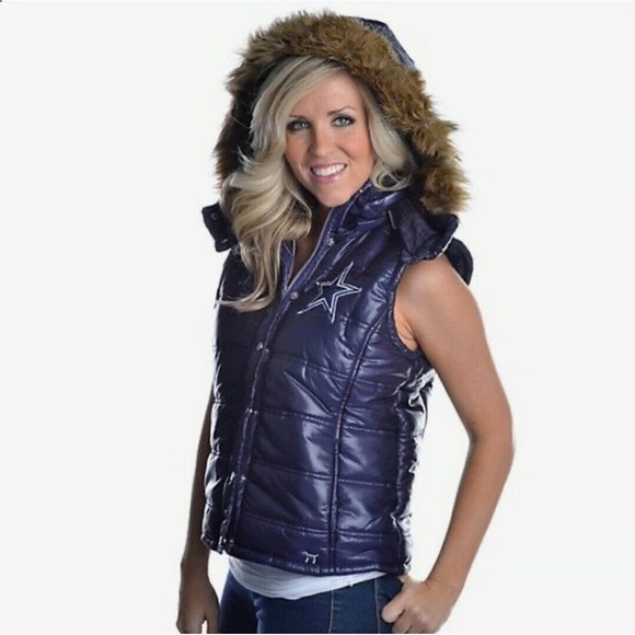 NFL PINK Dallas Cowboys Puffer Vest Faux Fur‎ Hood - Picture 1 of 8